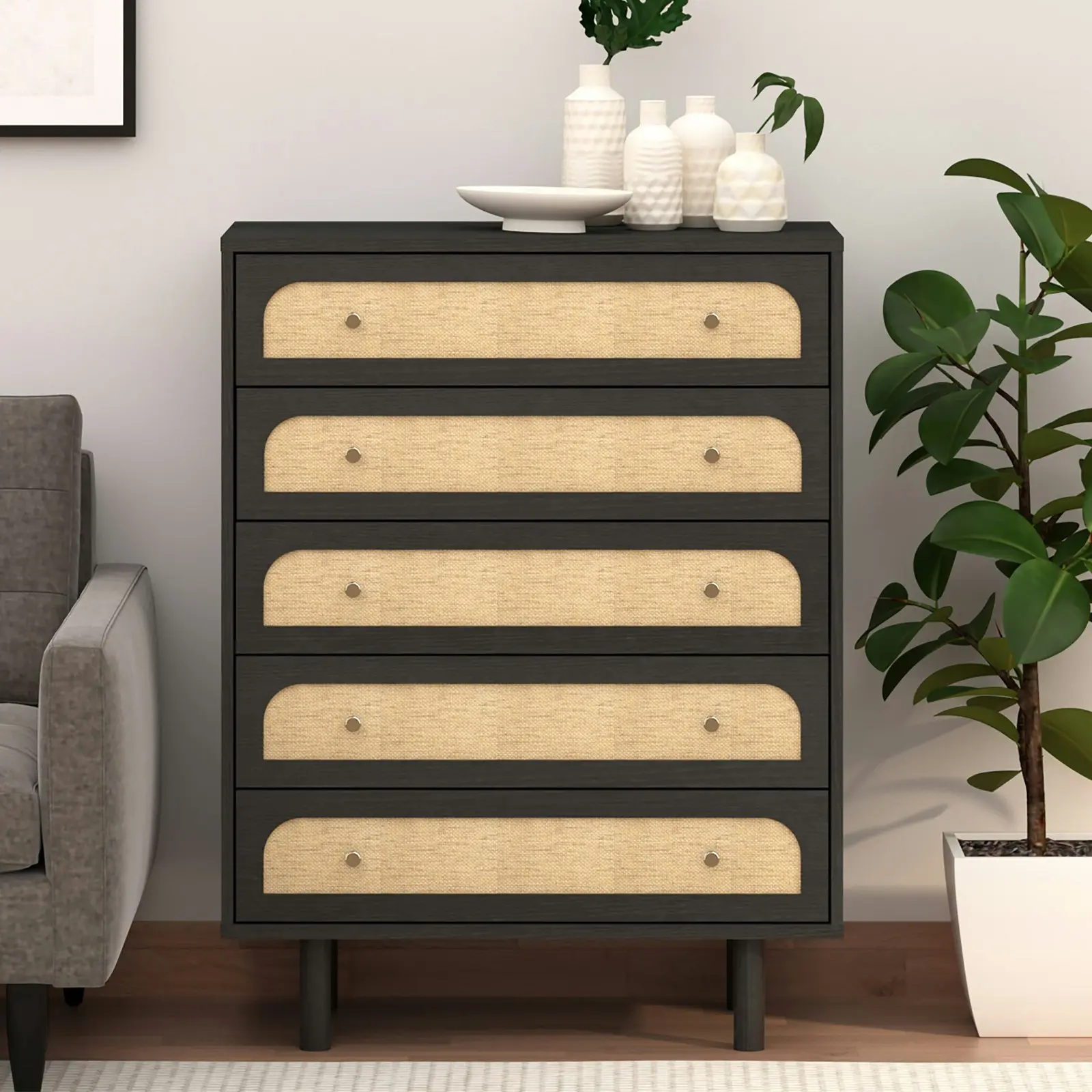 Elisa 5-Drawer Rattan Chest of Drawers with Curved Fronts and Dark Brown Finish