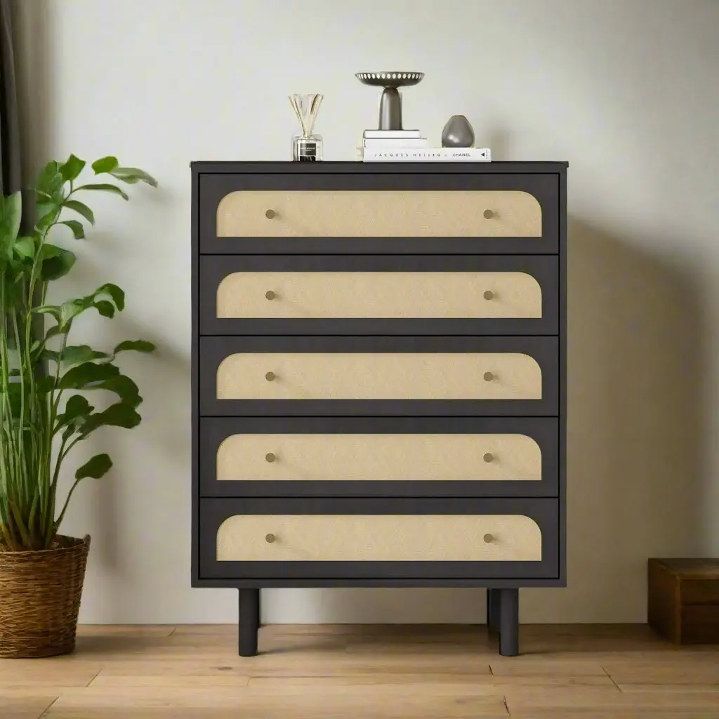 Elisa 5-Drawer Rattan Chest of Drawers with Curved Fronts and Dark Brown Finish