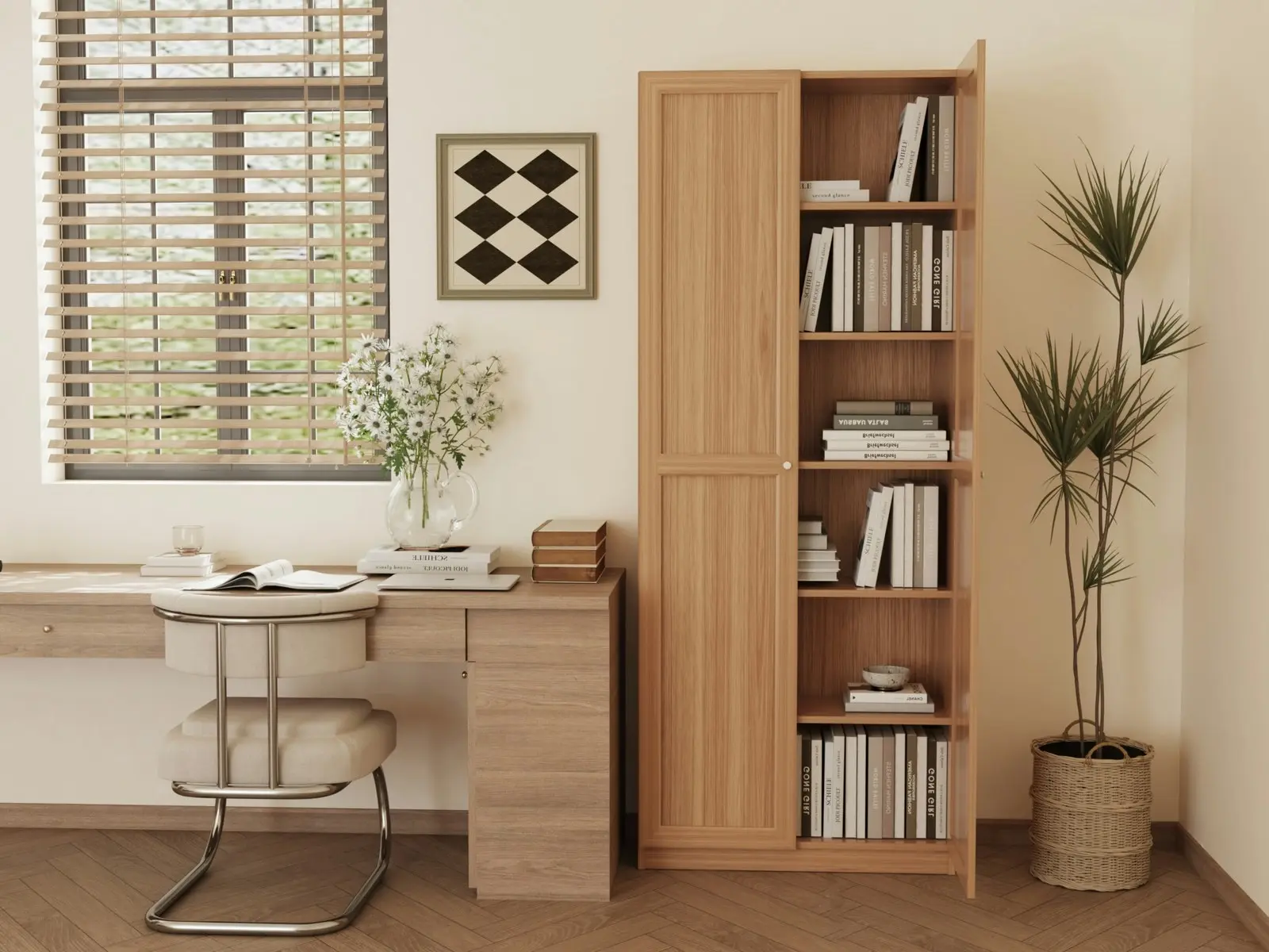 Boho Bookcase with 2-Door Wooden Cupboard | Linen Bookshelves for Elegant Storage