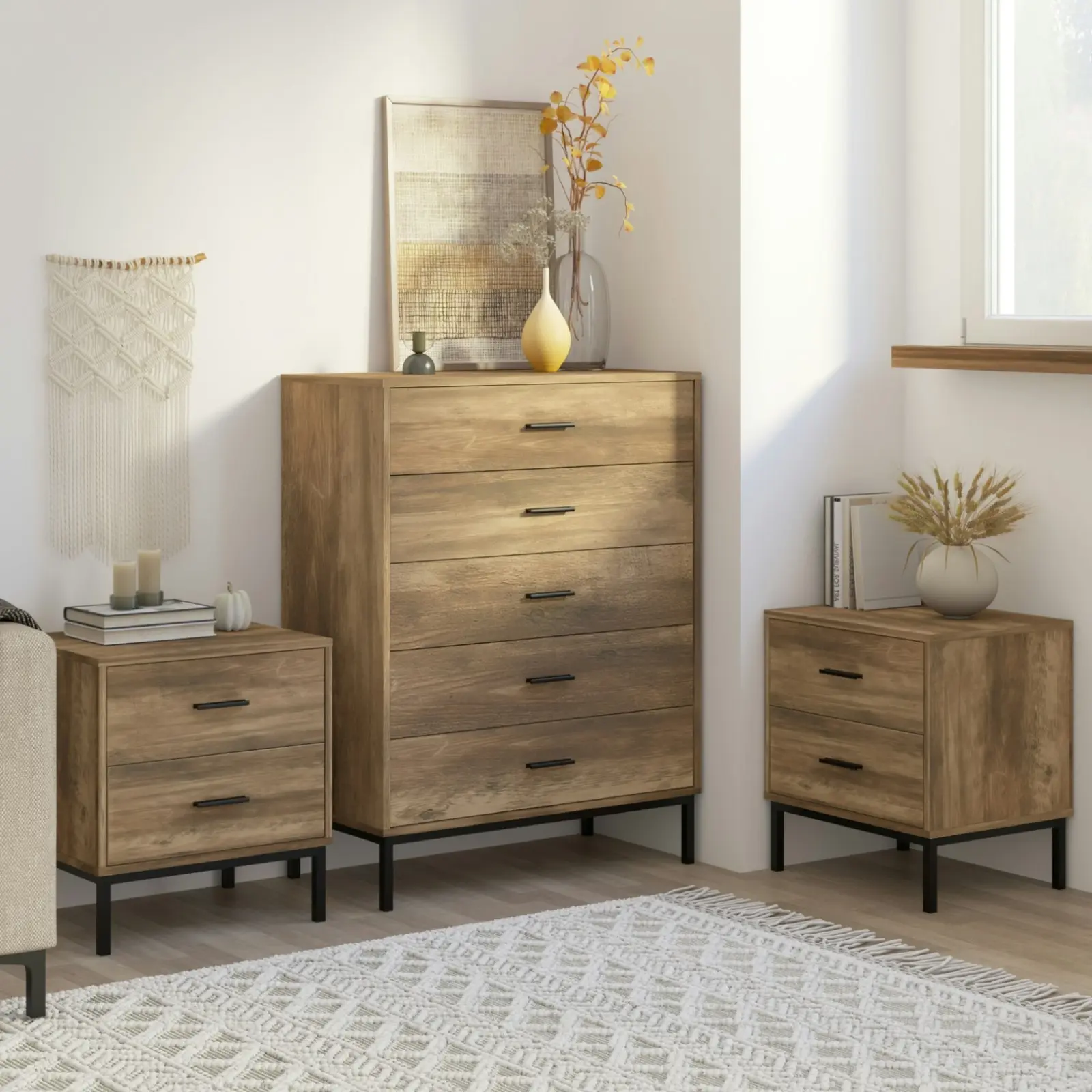 Bronx 5 Drawer Chest of Drawers Dresser & 2 Bedside Tables Bundle | Complete Bedroom Storage Set