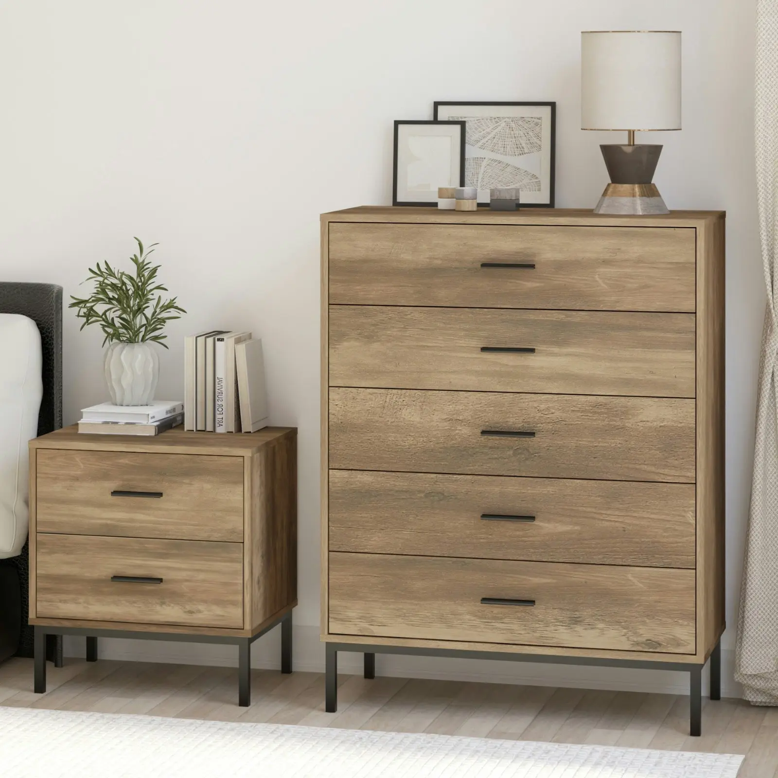 Bronx 5 Chest of Drawers Dresser 1 unit + Bedside Table 1 unit Bundle