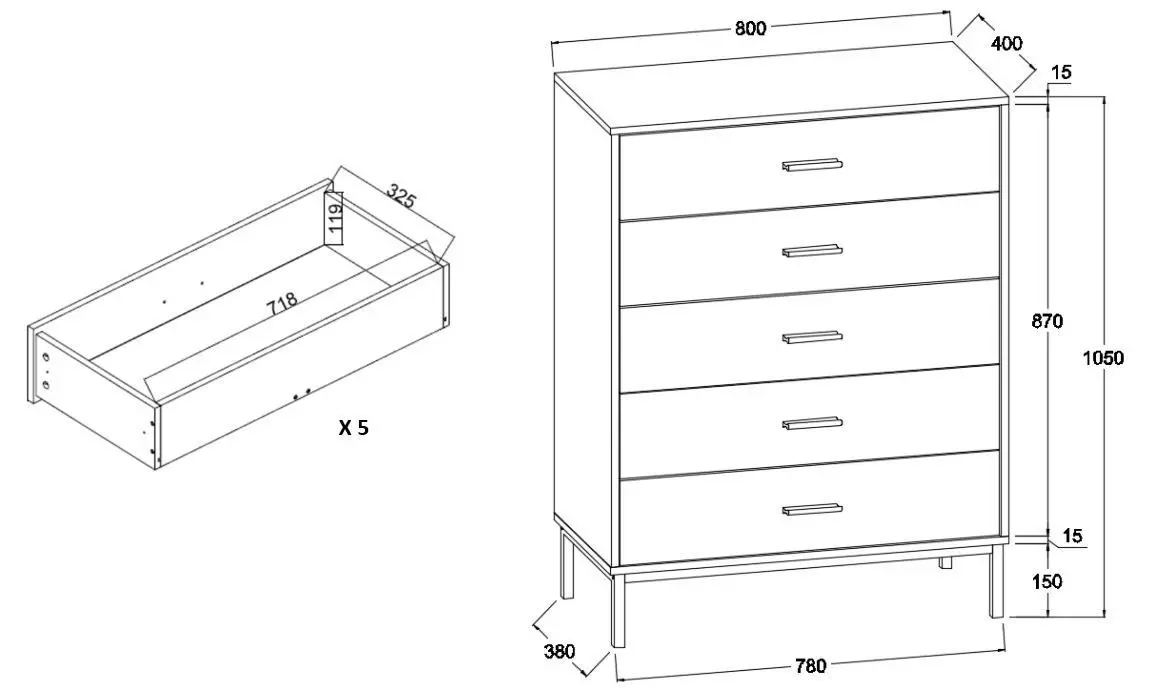 Bronx 5 Drawers Dresser 1 unit + Bedside Table 1 unit Bundle