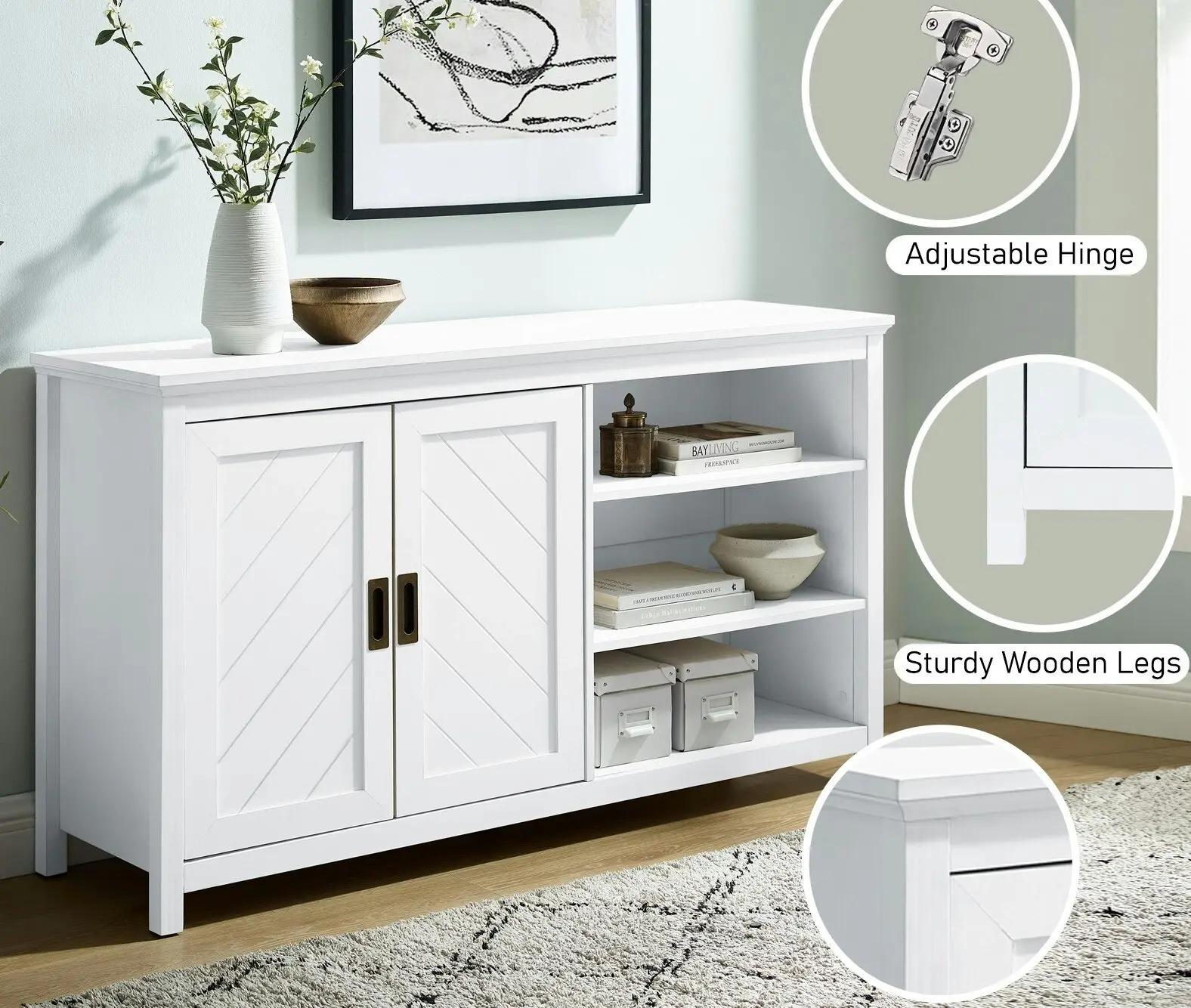 Hallway Bezel Top Sideboard Buffet Cabinet in White | Elegant Storage for Modern Homes