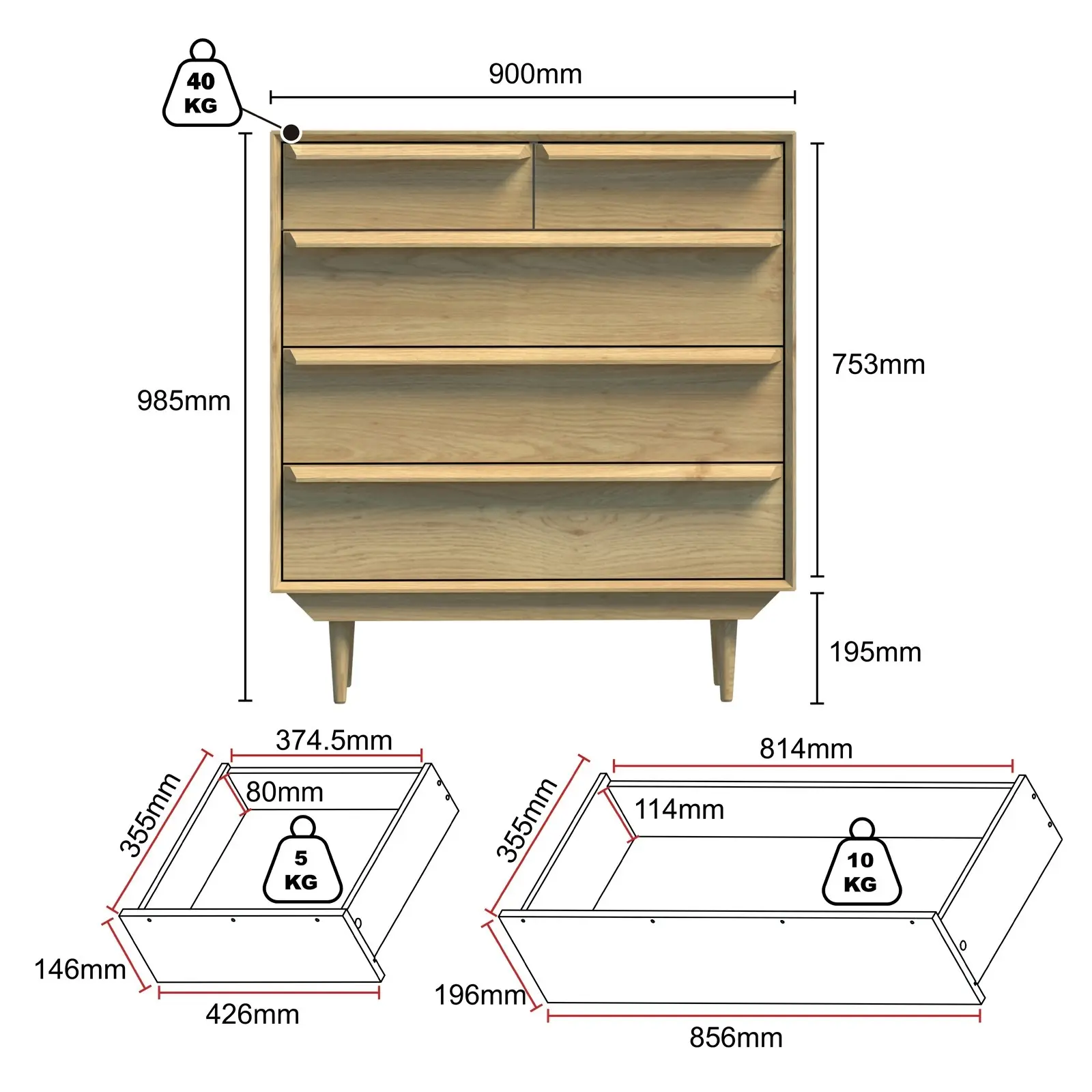 Swedish Chest of 5 Drawers Dresser 5 Tallboys Chest