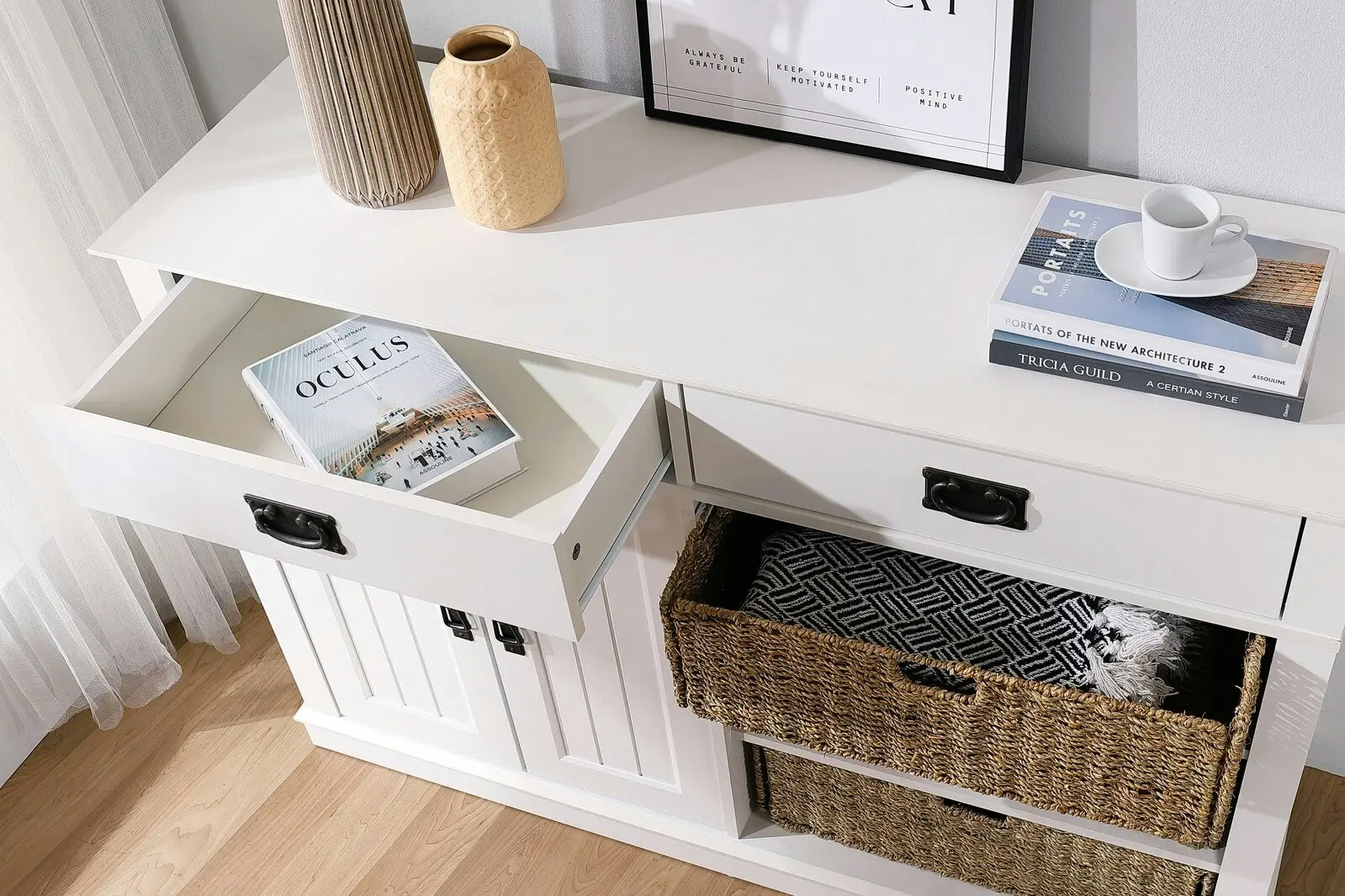 Kimberly White Buffet Cabinet 2 Drawers 2 Doors & Seagrass Baskets | Stylish Storage for Your Home