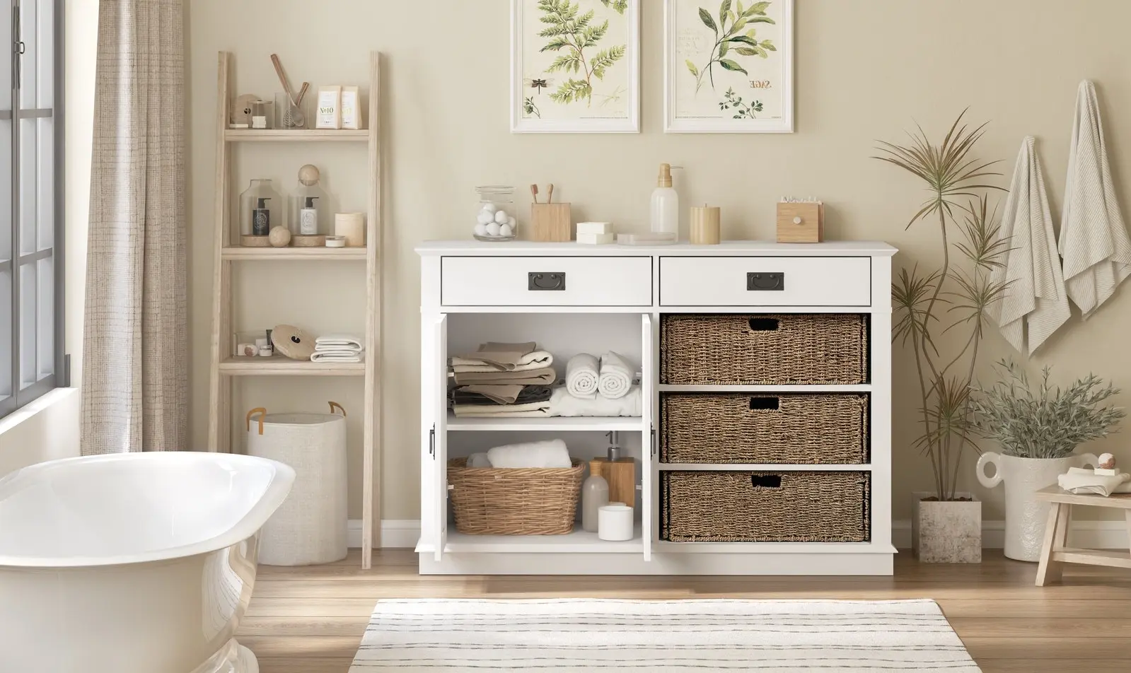 Kimberly White Buffet Cabinet 2 Drawers 2 Doors & Seagrass Baskets | Stylish Storage for Your Home