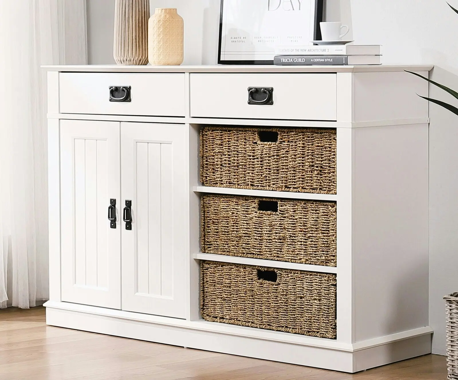 Kimberly White Buffet Cabinet 2 Drawers 2 Doors & Seagrass Baskets | Stylish Storage for Your Home