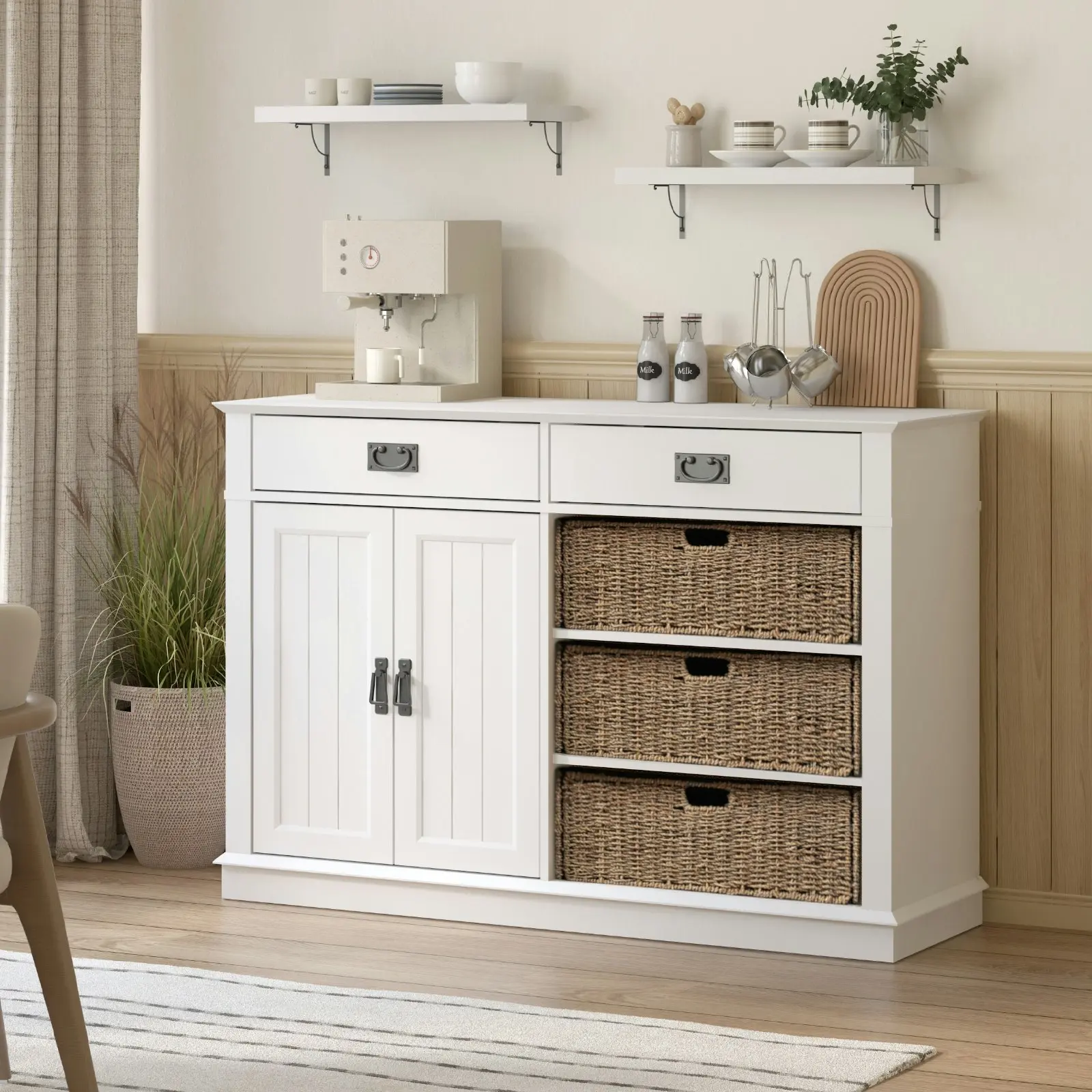 Kimberly White Buffet Cabinet 2 Drawers 2 Doors & Seagrass Baskets | Stylish Storage for Your Home