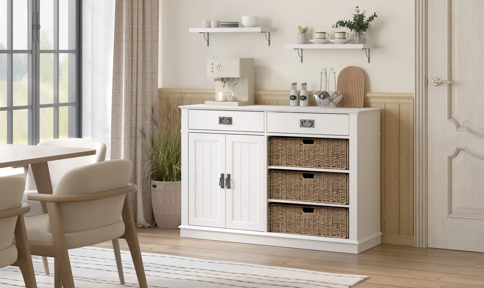 Kimberly White Buffet Cabinet 2 Drawers 2 Doors & Seagrass Baskets | Stylish Storage for Your Home