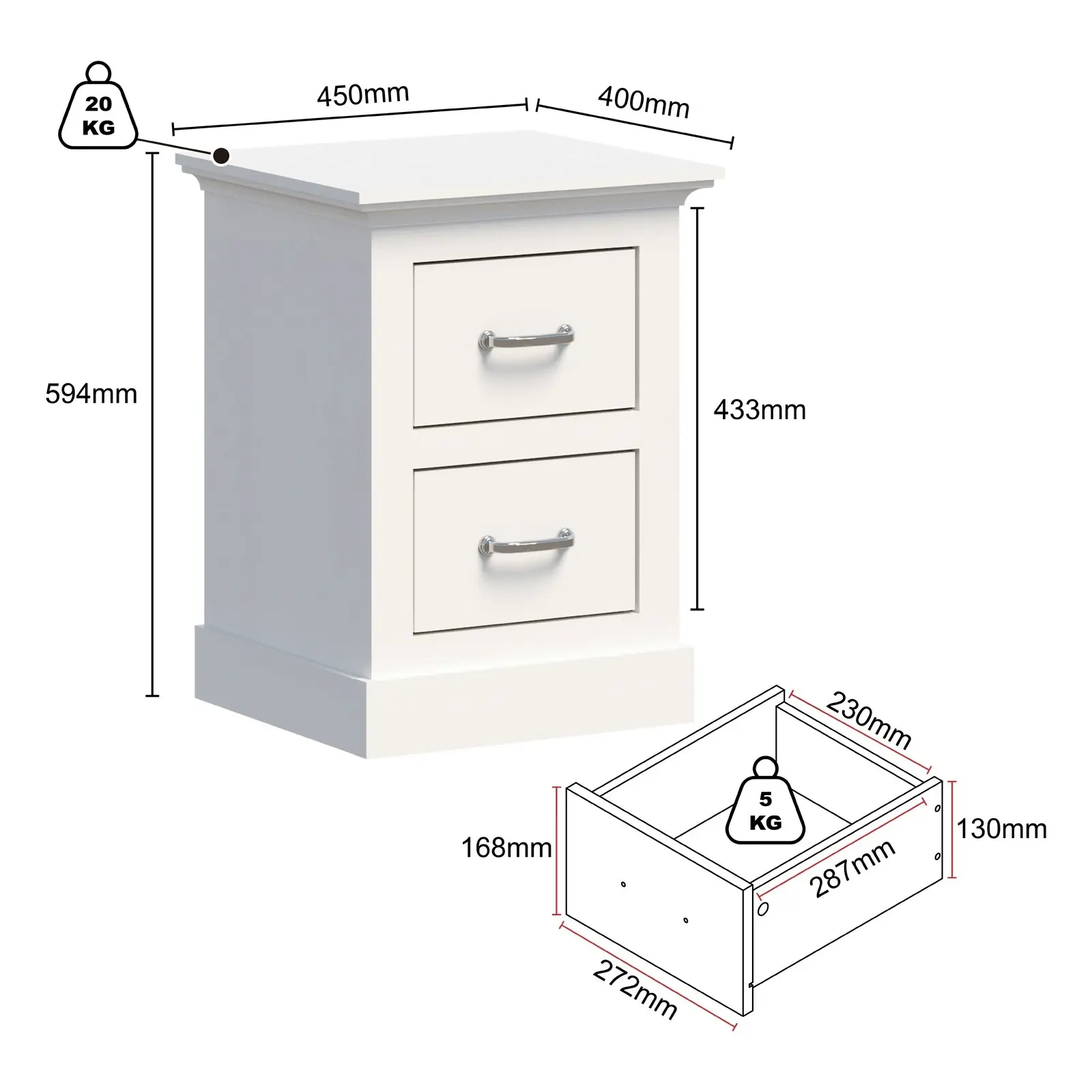 Ashford White 2 Drawer Bedside Table  Elegant Storage Solution for Your Bedroom