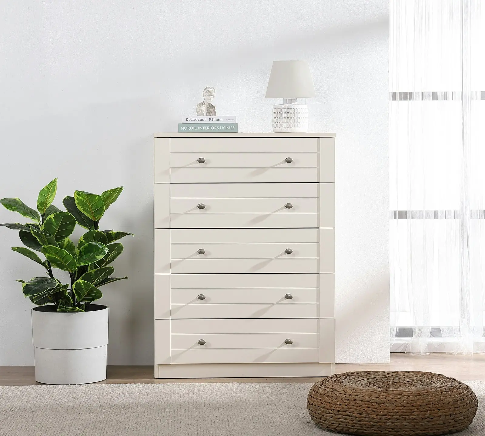 Harriet 5 Drawer Chest of Drawers Tallboy Dresser & Bedside Table Set - Elegant Bedroom Storage