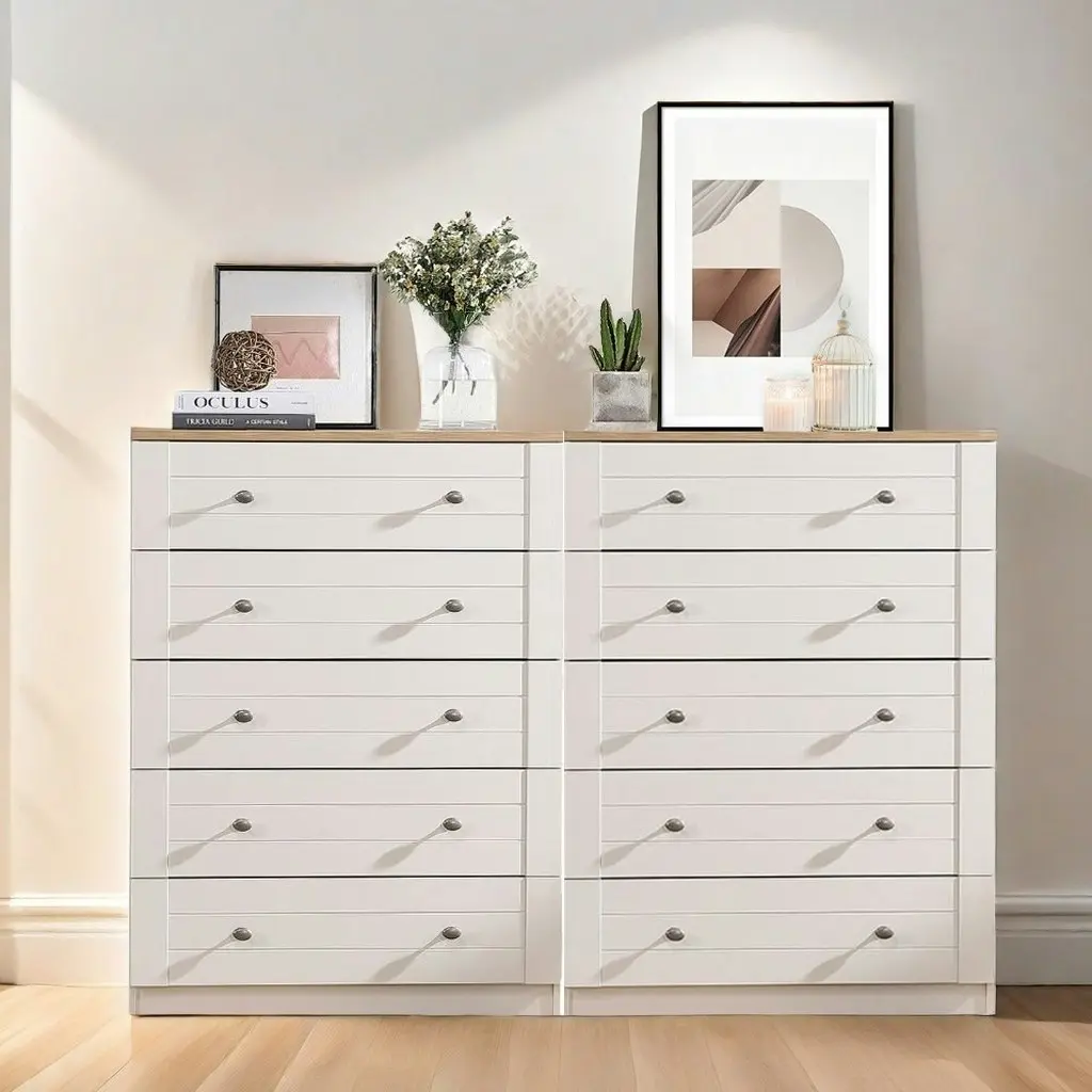 Harriet 5 Chest of Drawer Tallboy Dresser - Pine Color (Set of 2) | Spacious and Stylish Bedroom Storage