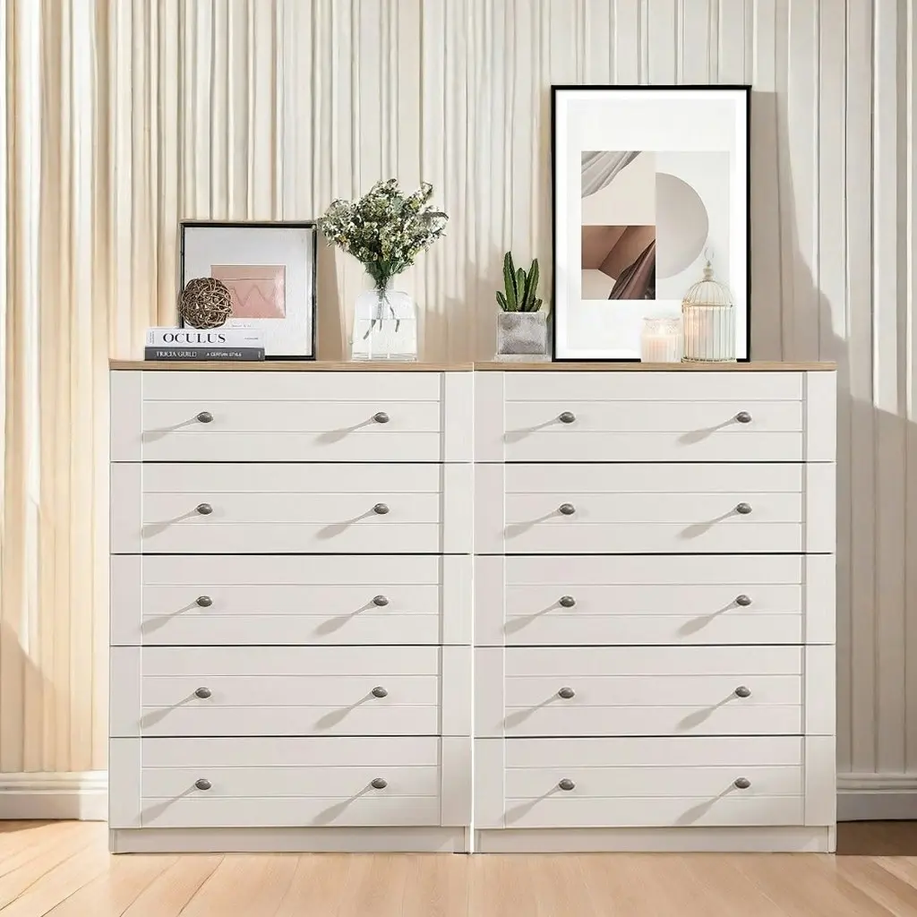 Harriet 5 Chest of Drawer Tallboy Dresser - Pine Color (Set of 2) | Spacious and Stylish Bedroom Storage