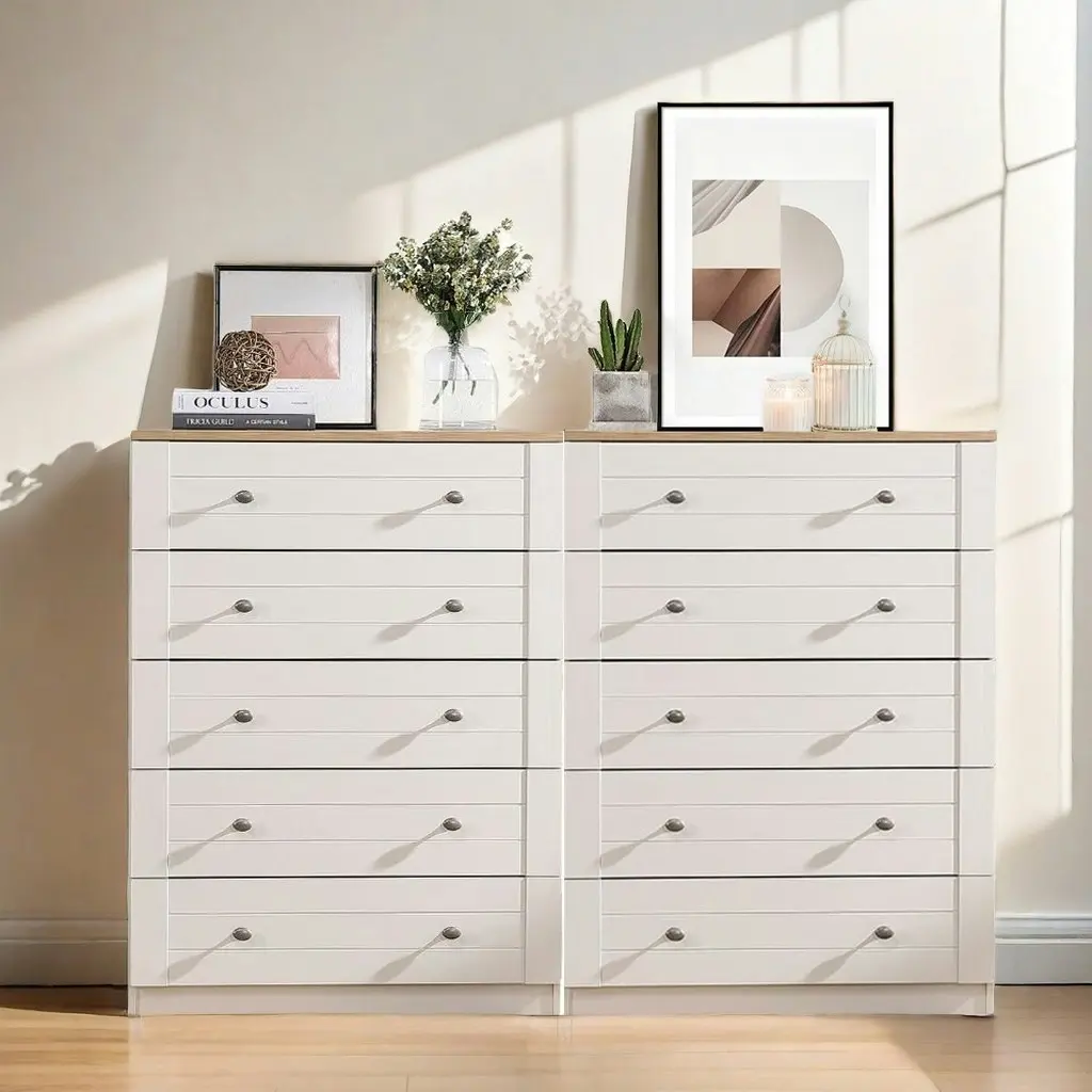 Harriet 5 Chest of Drawer Tallboy Dresser - Pine Color (Set of 2) | Spacious and Stylish Bedroom Storage