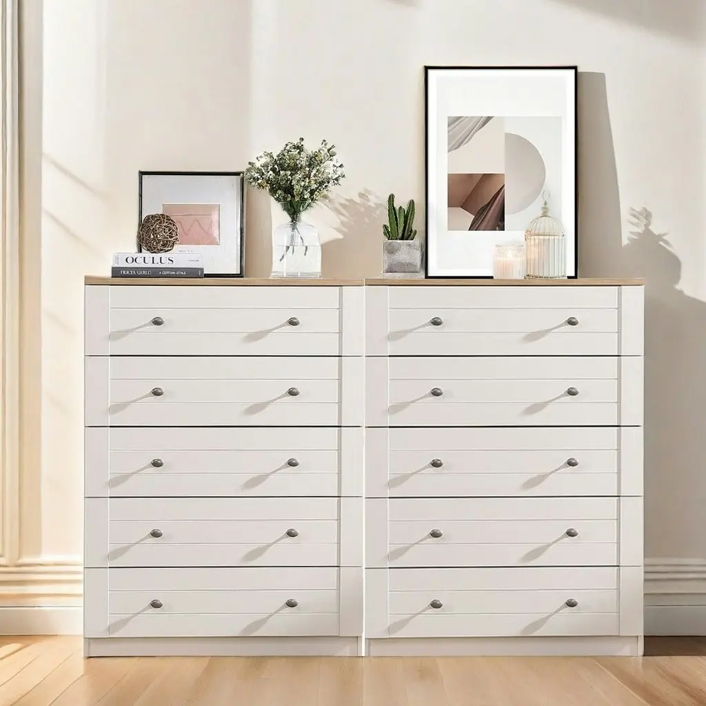 Harriet 5 Chest of Drawer Tallboy Dresser - Pine Color (Set of 2) | Spacious and Stylish Bedroom Storage