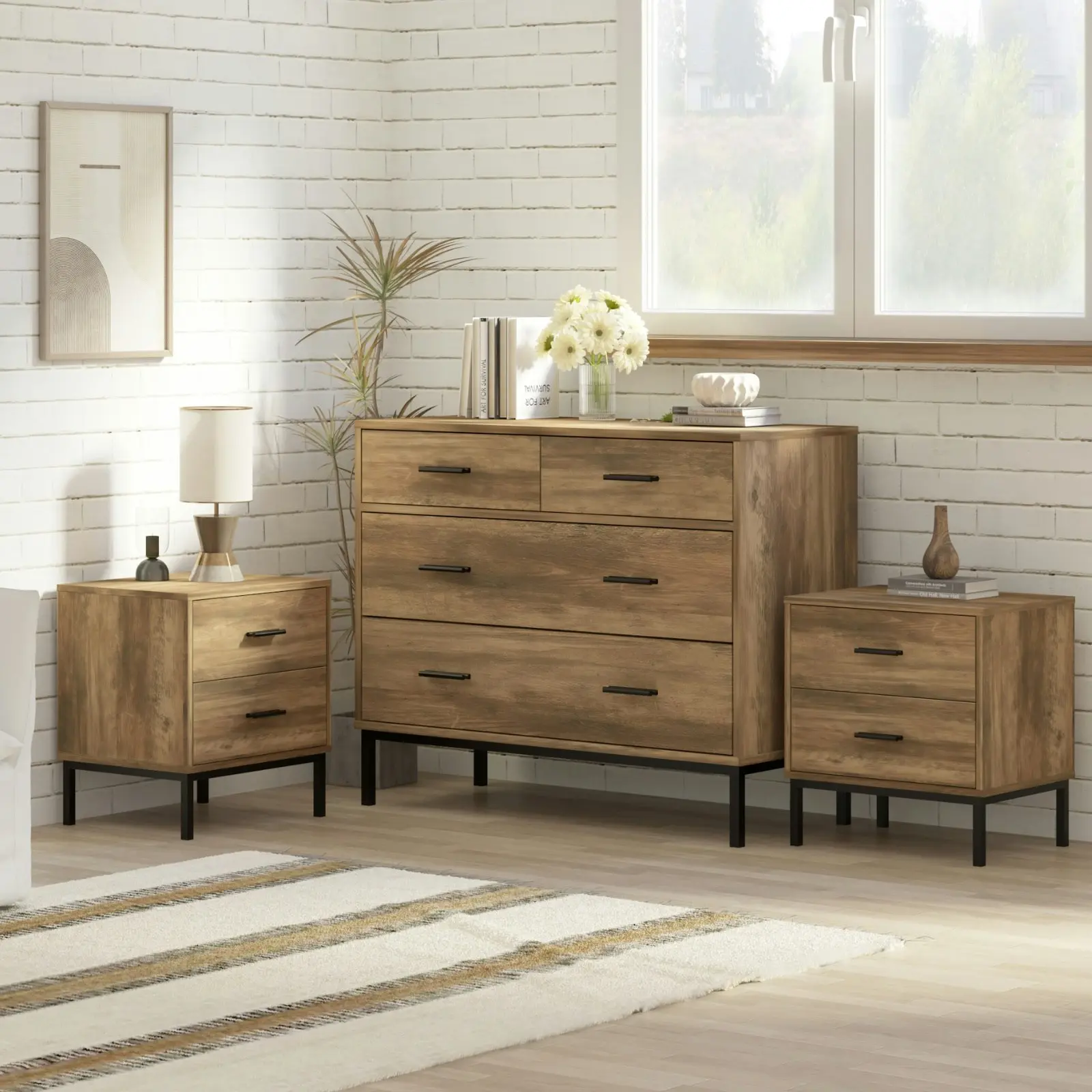 Bronx Bedroom Storage Set | Chest of 4 Drawers Dresser with 2 Bedside Tables for Modern Bedroom Storage