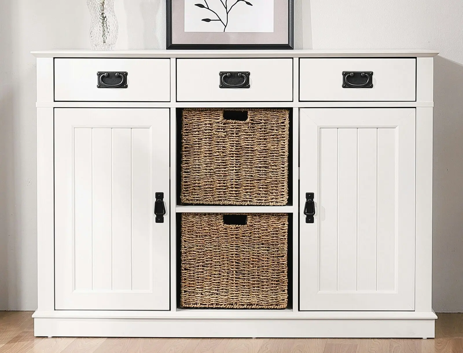 Kimberly White 3 Drawer Storage with 2 Seagrass Baskets | Elegant & Functional Storage Solution