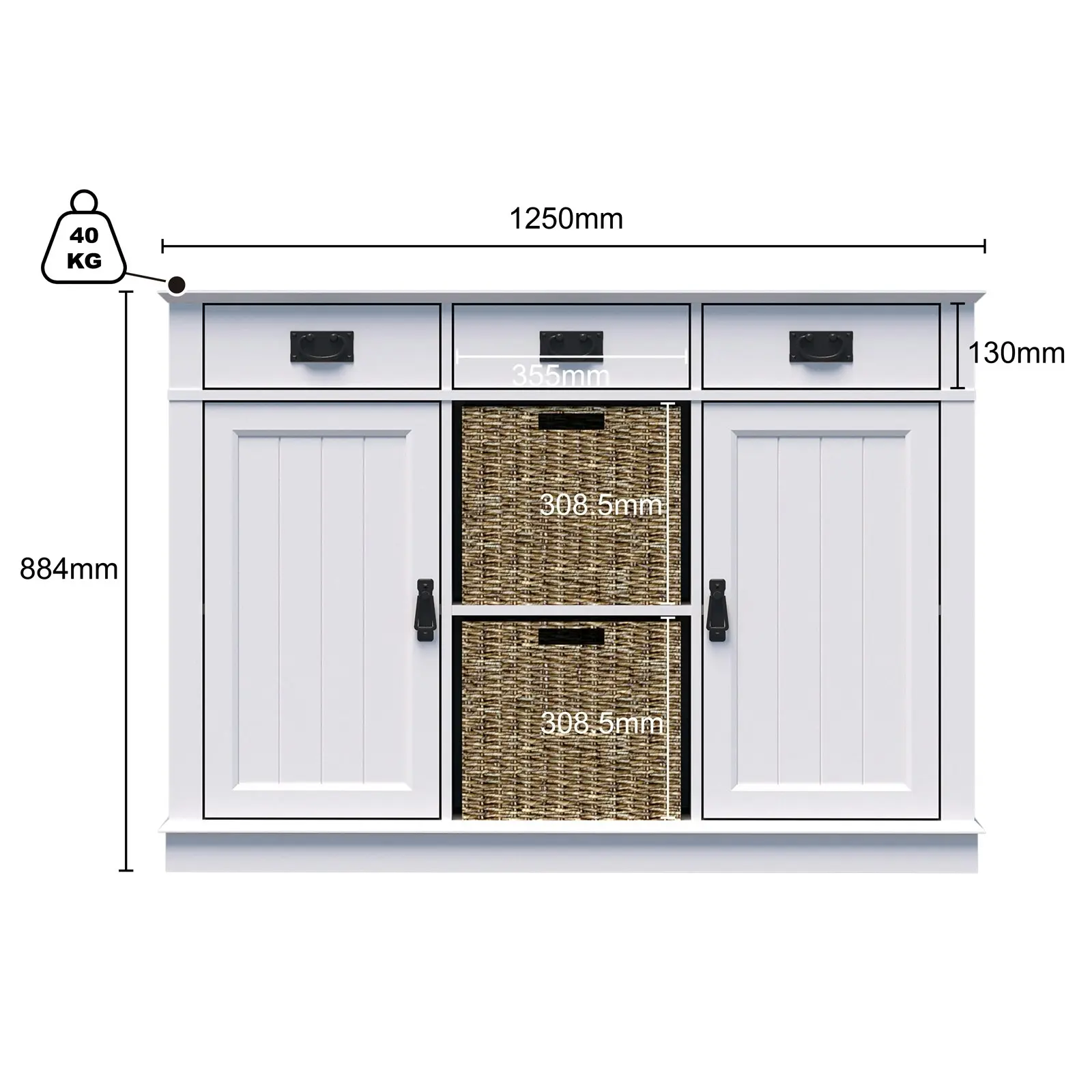 Kimberly White 3 Drawer Buffet Sideboard 2 Seagrass Baskets | Elegant & Functional Storage Dresser Solution