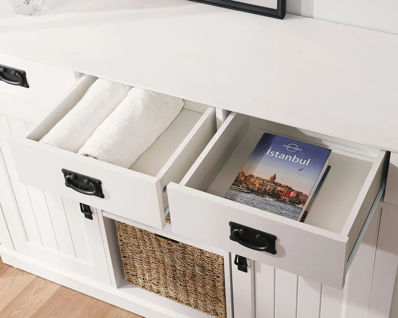 Kimberly White 3 Drawer Storage with 2 Seagrass Baskets | Elegant & Functional Storage Solution