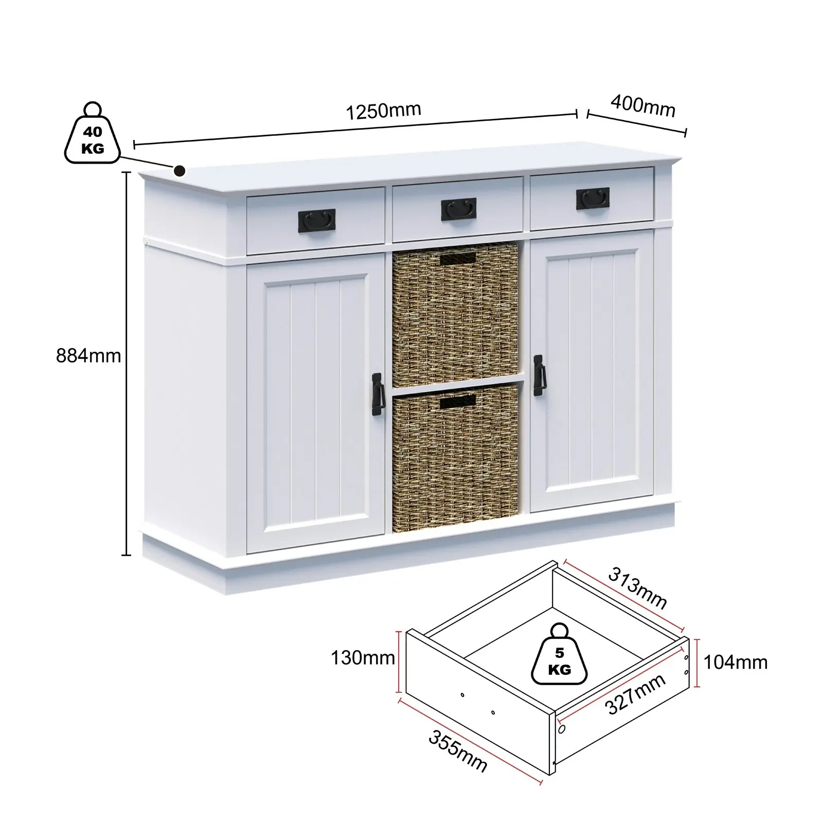 Kimberly White 3 Drawer Buffet Sideboard 2 Seagrass Baskets | Elegant & Functional Storage Dresser Solution