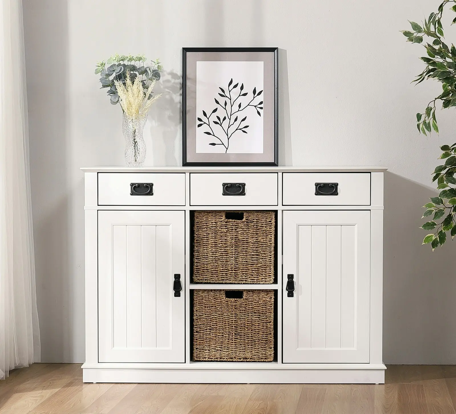 Cosmoliving Buffet Sideboard White 3-Drawer Storage + 2 Sea Grass Storage Basket