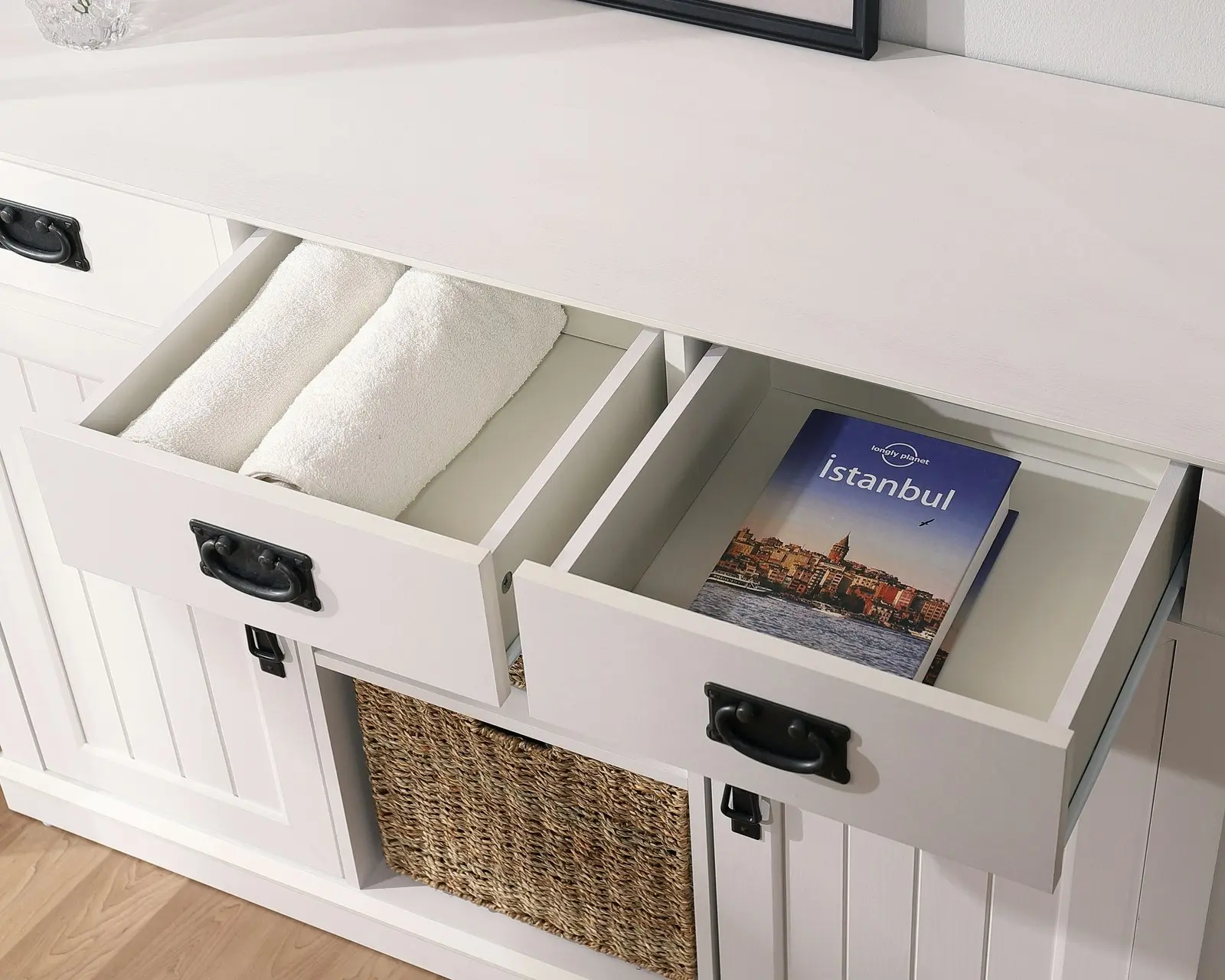 Cosmoliving Buffet Sideboard White 3-Drawer Storage + 2 Sea Grass Storage Basket