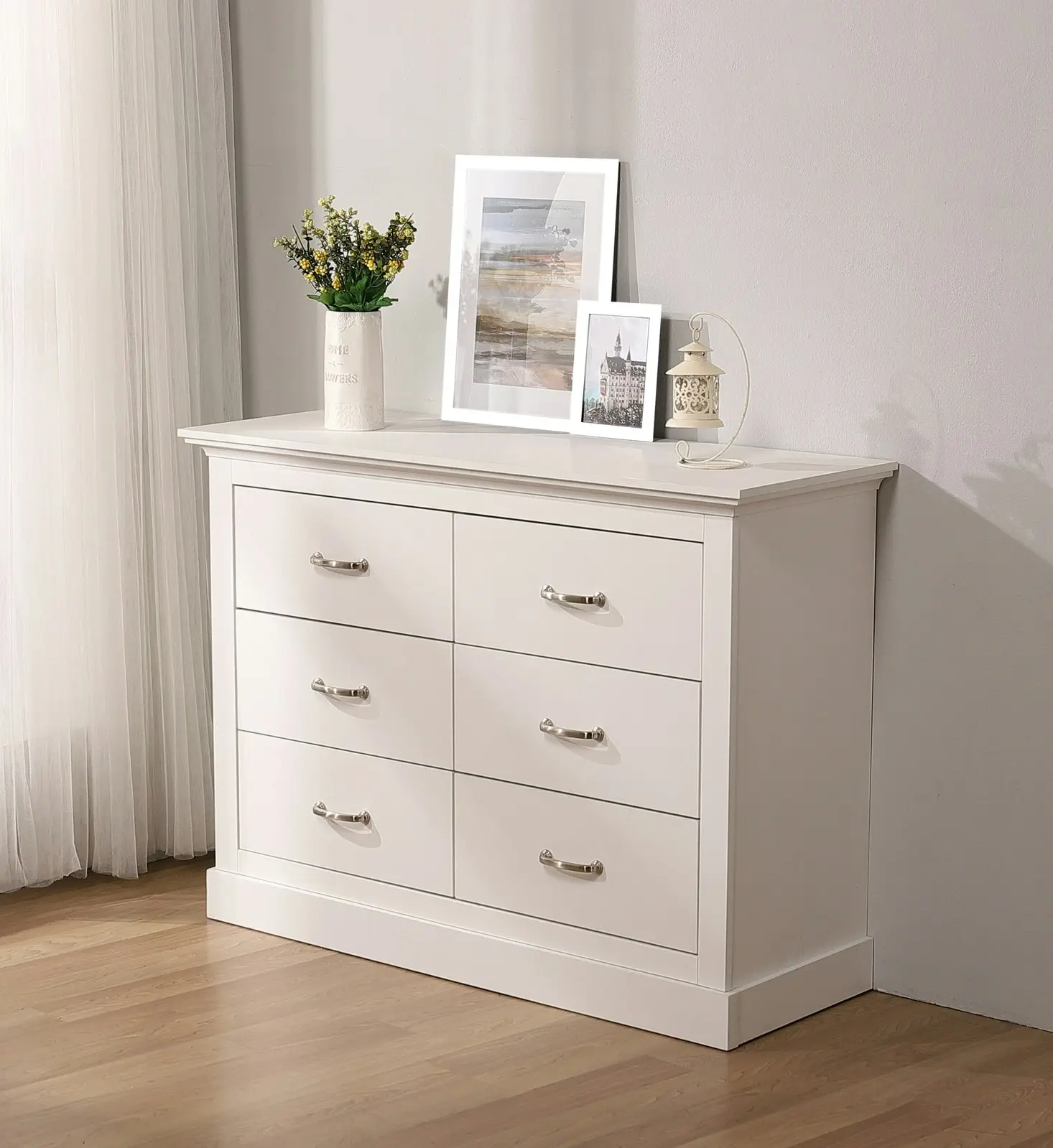 Cosmoliving 6 Chest of Drawers White + Bedside Table