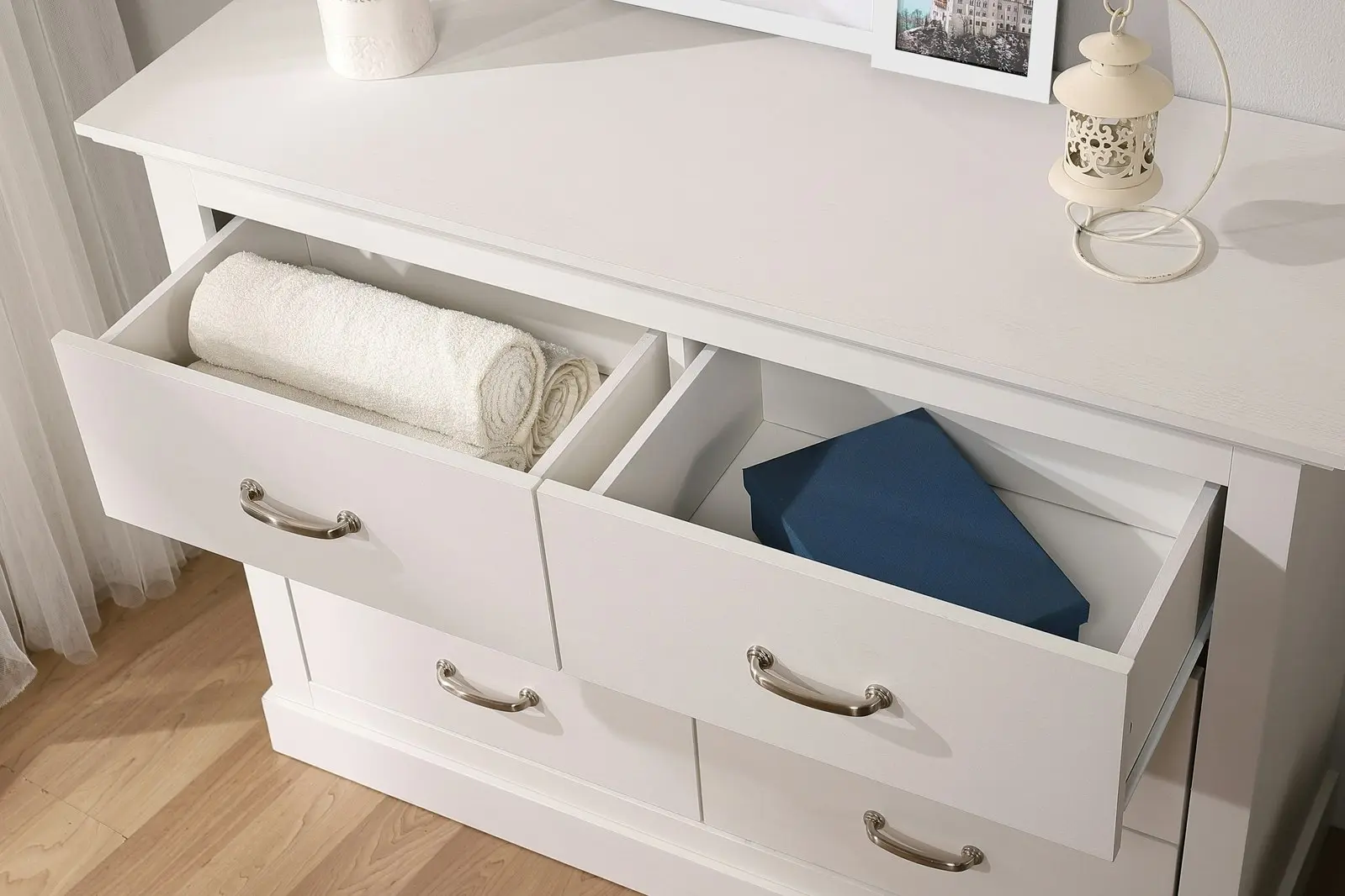 Cosmoliving 6 Chest of Drawers White + Bedside Table