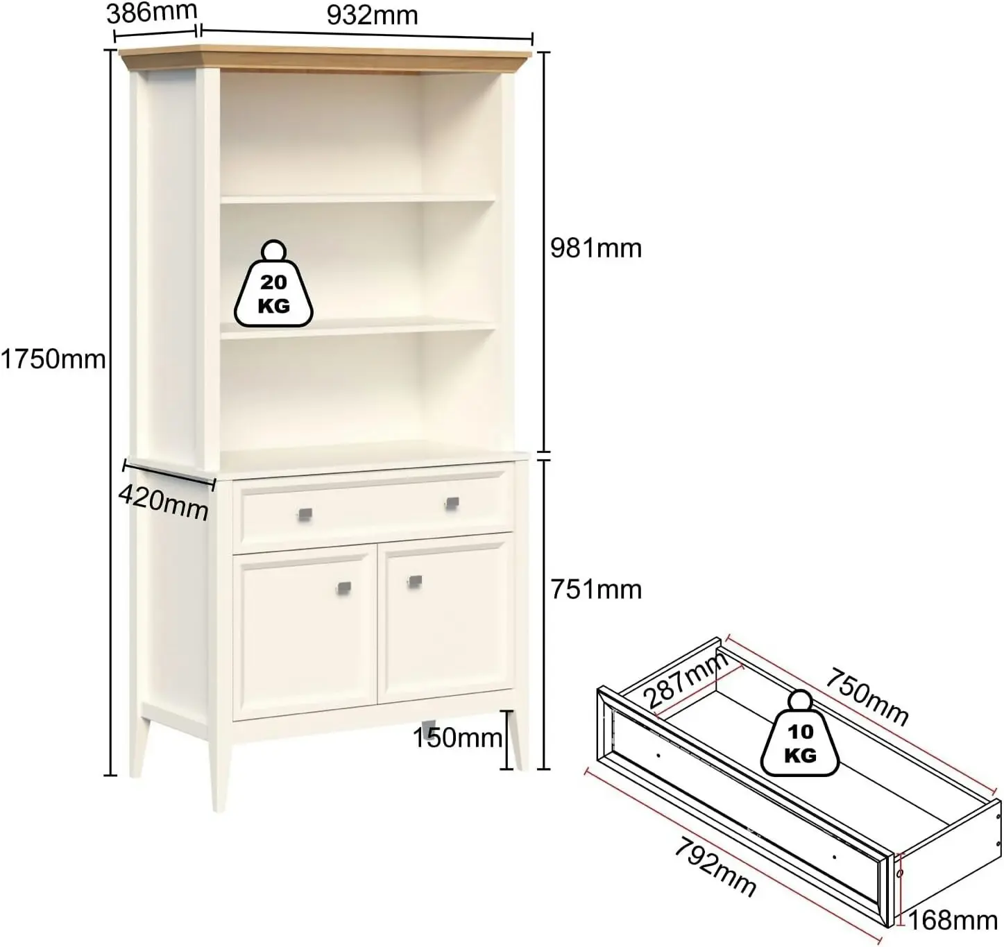 Cosmoliving 2-Door 1-Drawer Display Cabinet Bookshelves Plus Storage Hutch