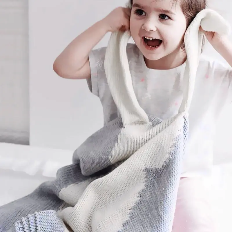 100% Cotton Kids Children Bunny Pattern Knitted Blanket Grey