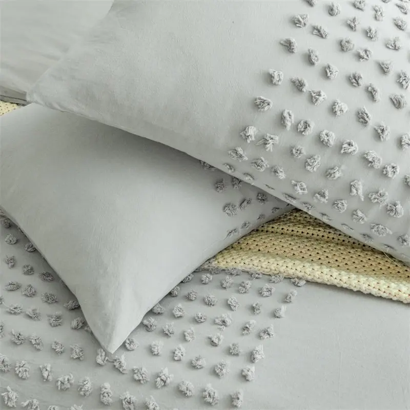 100% Cotton Tufted Pattern Grey Quilt Doona Duvet Cover Set