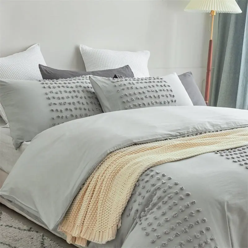 100% Cotton Tufted Pattern Grey Quilt Doona Duvet Cover Set