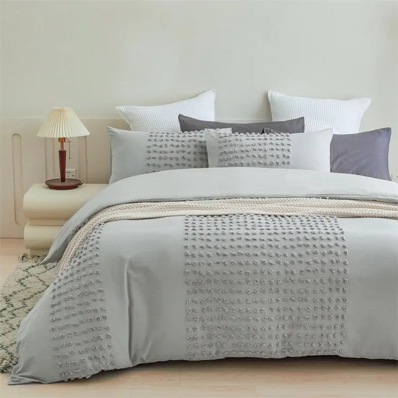 100% Cotton Tufted Pattern Grey Quilt Doona Duvet Cover Set