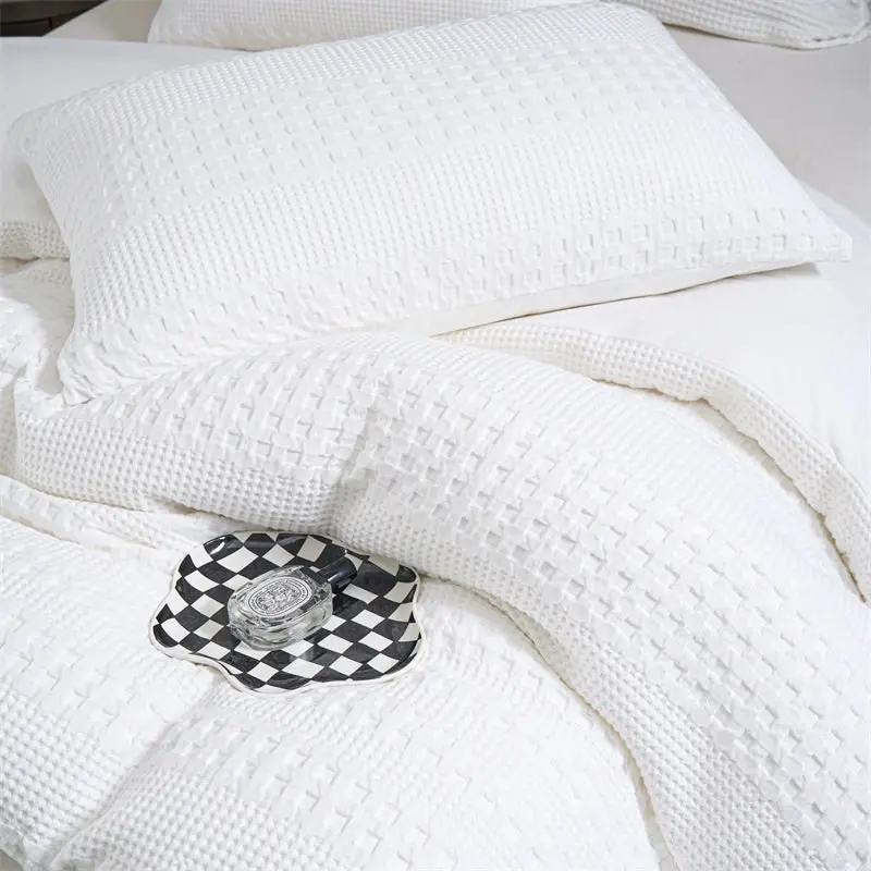 100% Cotton Striped Large Waffle Pattern White Quilt Doona Duvet Cover Set