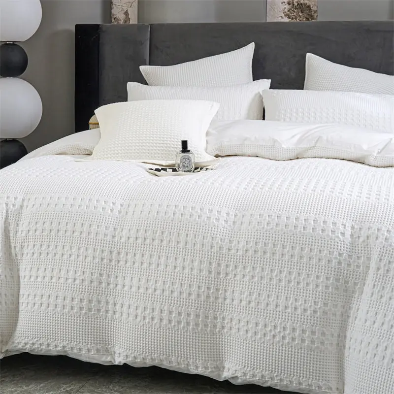 100% Cotton Striped Large Waffle Pattern White Quilt Doona Duvet Cover Set