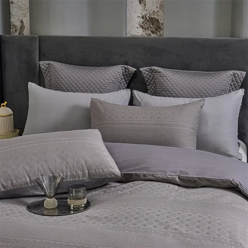 100% Cotton Waffle Jacquard Quilt Doona Duvet Cover Set Dark Grey