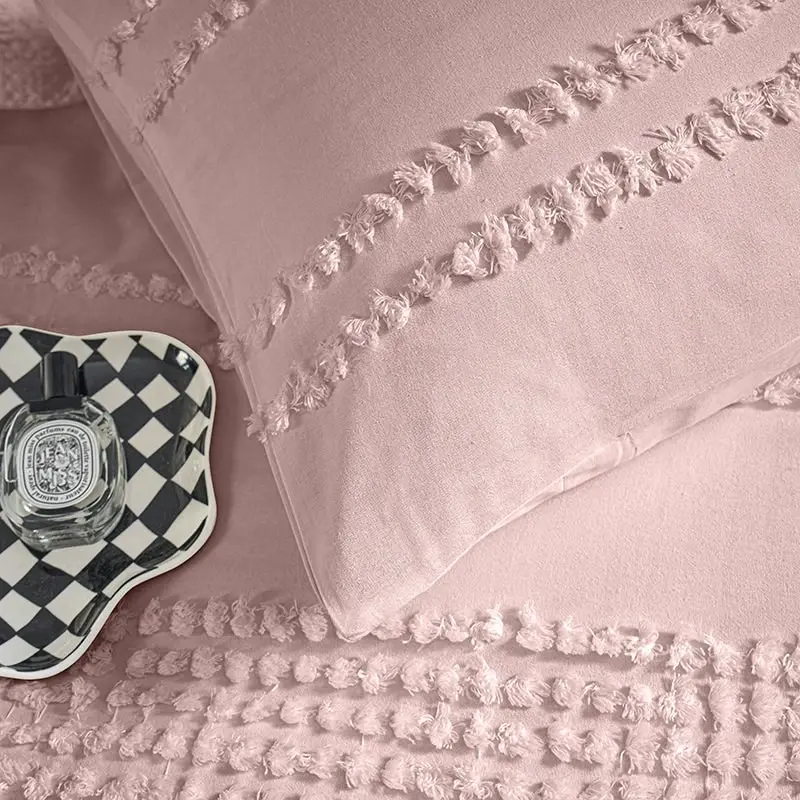 100% Cotton Tufted Stripe Pattern Dusty Pink Quilt Doona Duvet Cover Set