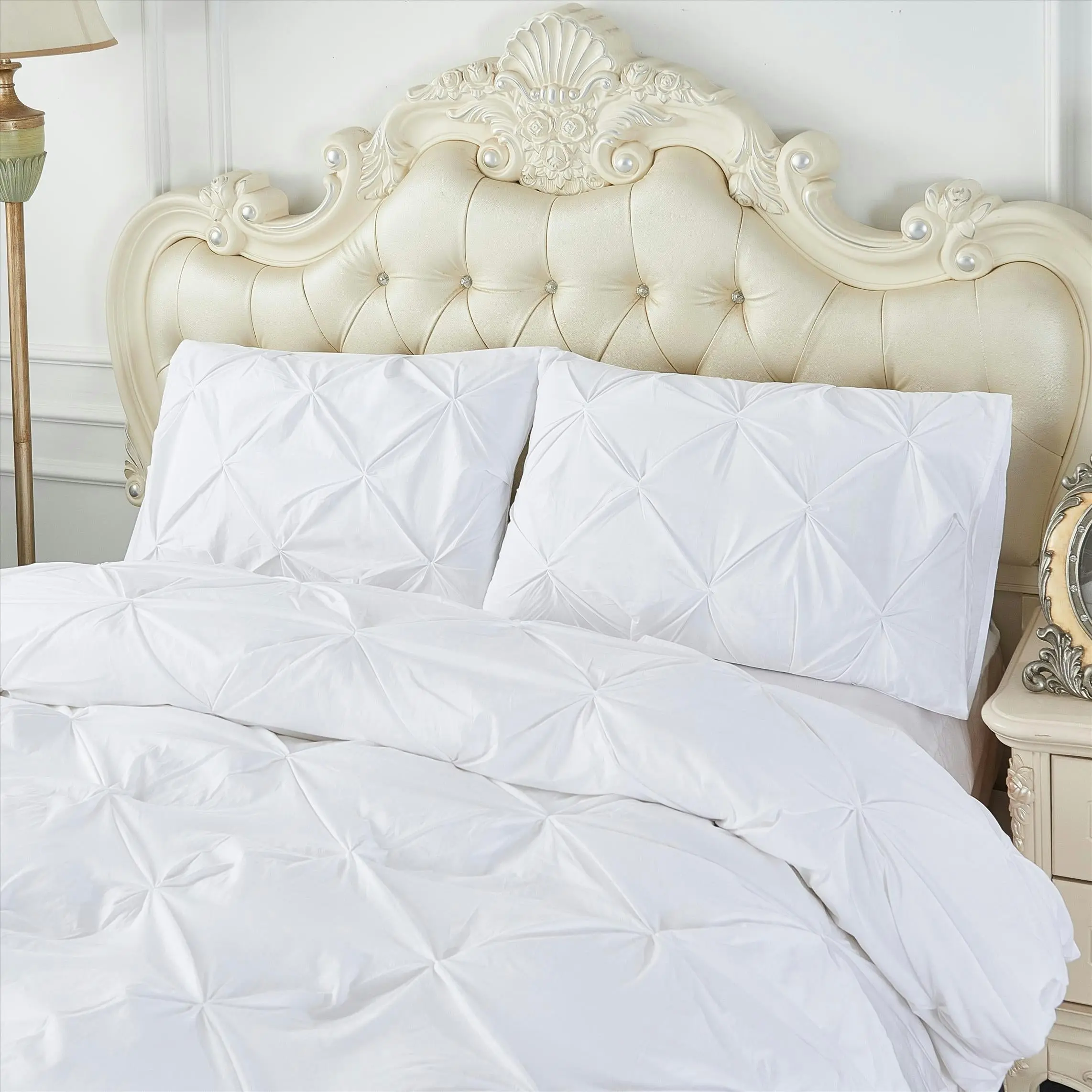 Cotton White Diamond Pinch Pleated Pintuck Doona Quilt Cover Set