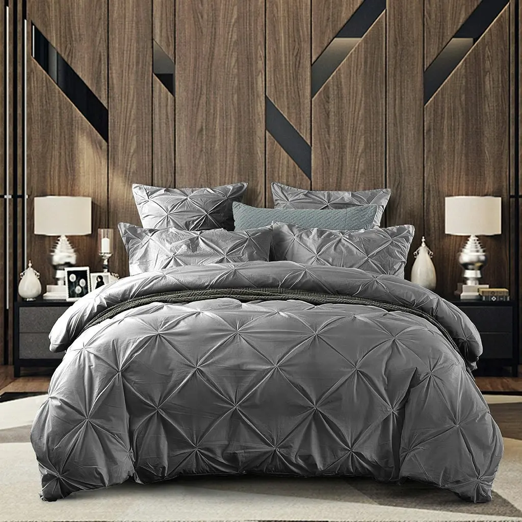 100% Cotton Steel Grey Diamond Pinch Pleated Pintuck Doona Quilt Cover Set