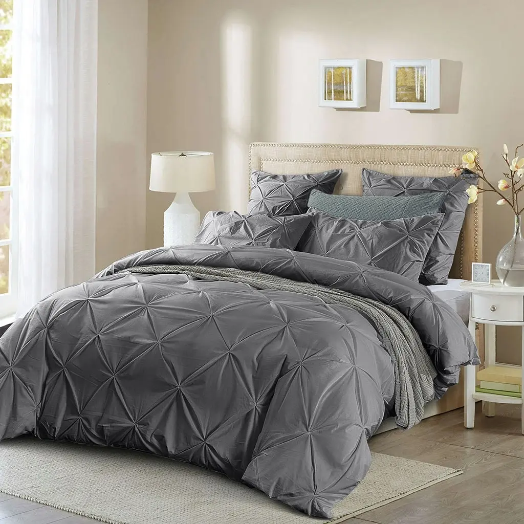 100% Cotton Steel Grey Diamond Pinch Pleated Pintuck Doona Quilt Cover Set