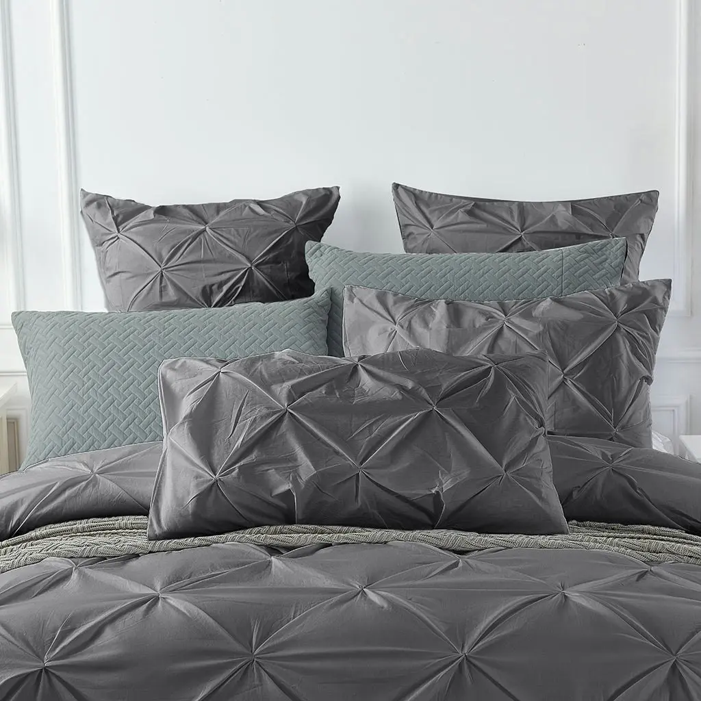 100% Cotton Steel Grey Diamond Pinch Pleated Pintuck Doona Quilt Cover Set