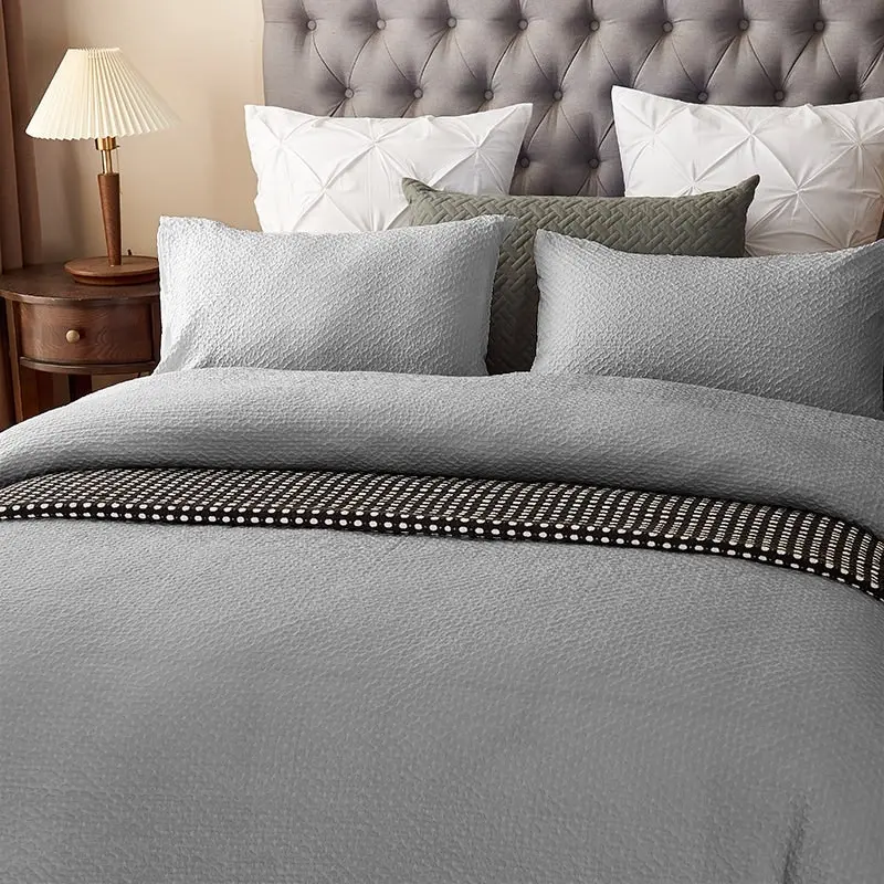 100% Cotton Seersucker Pattern Silver Grey Quilt Doona Duvet Cover Set