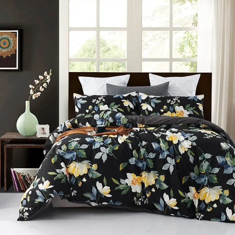 100% Slub Cotton Flower Printed Quilt Doona Duvet Cover Set Black