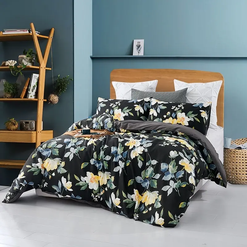 100% Slub Cotton Flower Printed Quilt Doona Duvet Cover Set Black