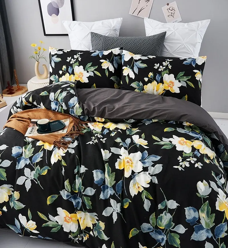 100% Slub Cotton Flower Printed Quilt Doona Duvet Cover Set Black