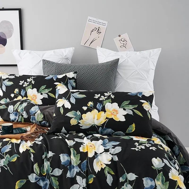 100% Slub Cotton Flower Printed Quilt Doona Duvet Cover Set Black