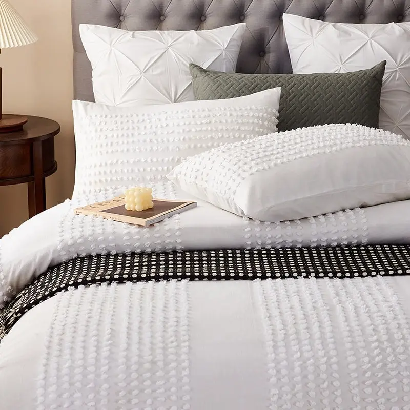 100% Cotton Tufted Pattern White Quilt Doona Duvet Cover Set