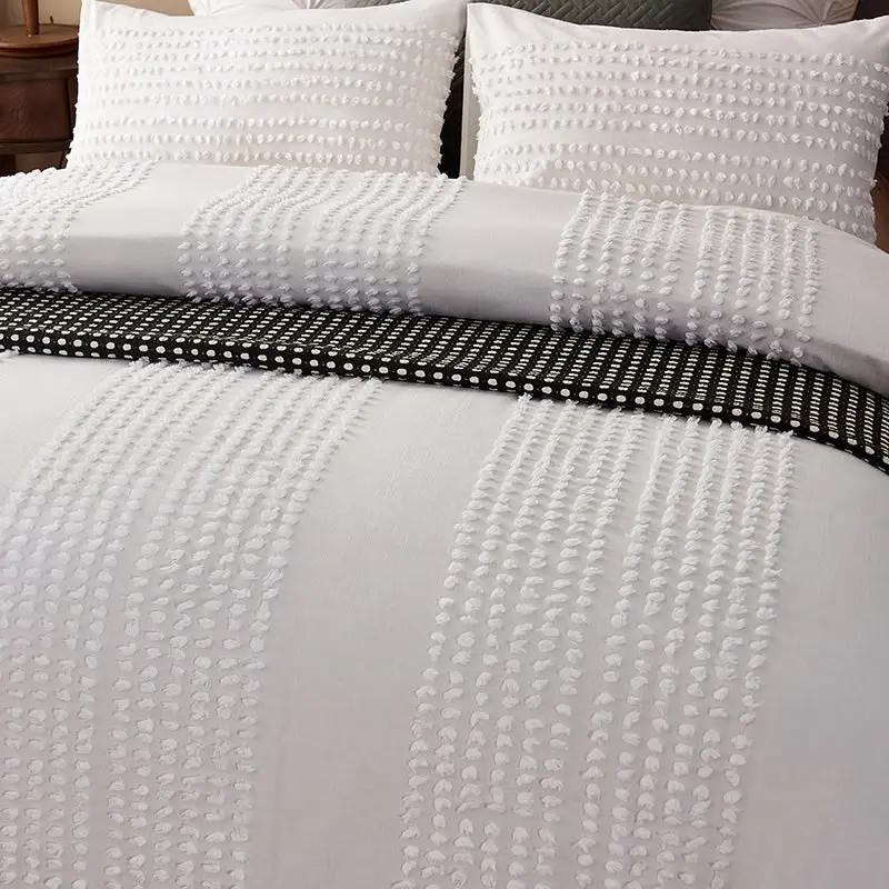 100% Cotton Tufted Pattern White Quilt Doona Duvet Cover Set