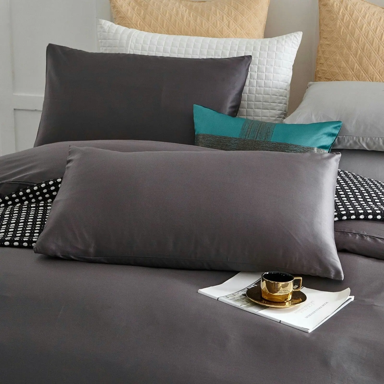 A Pair of 100% Cotton 650TC Sateen Pillowcases Plain Steel Colour 48x73cm