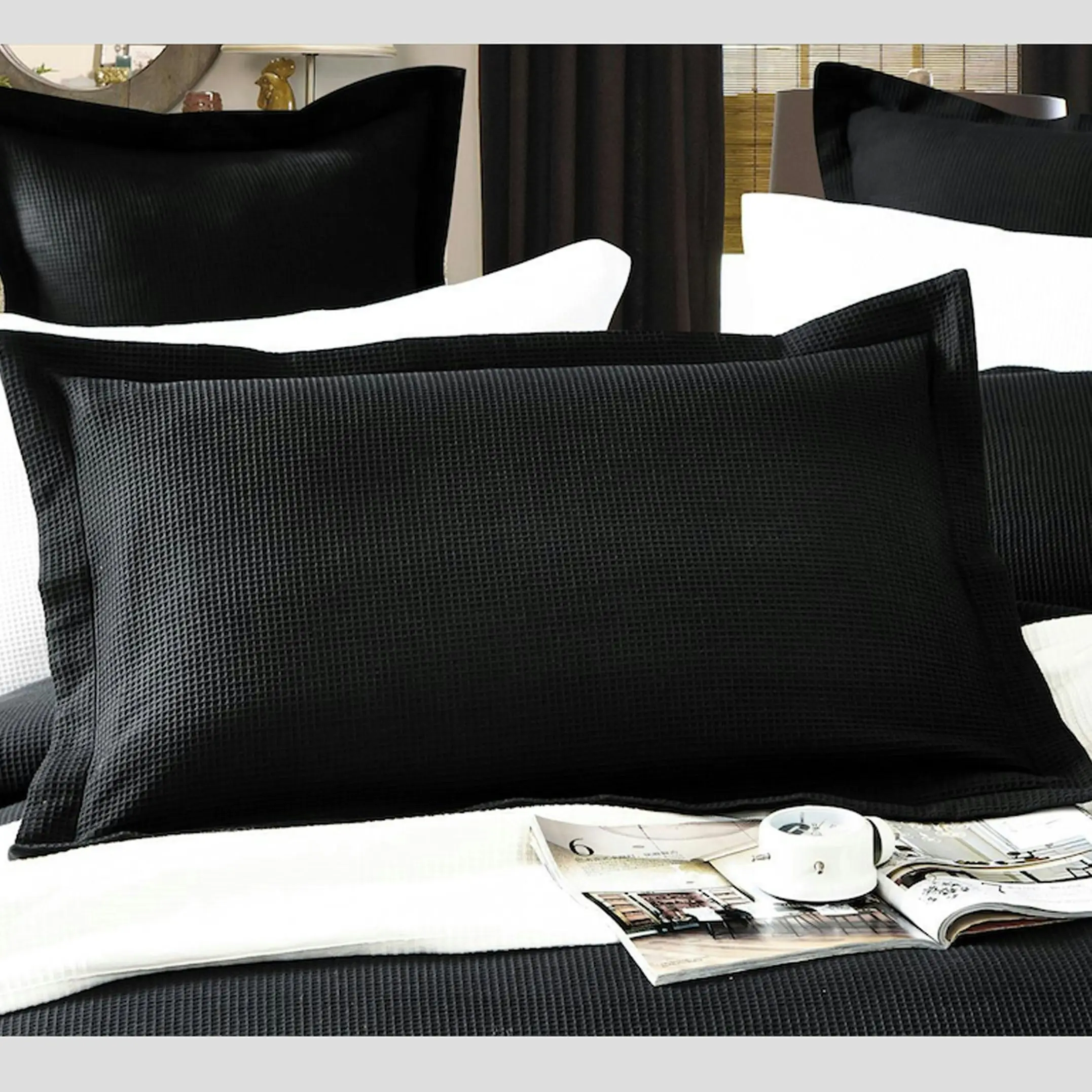 One Pair of 100% Cotton Black Waffle Pillowcases